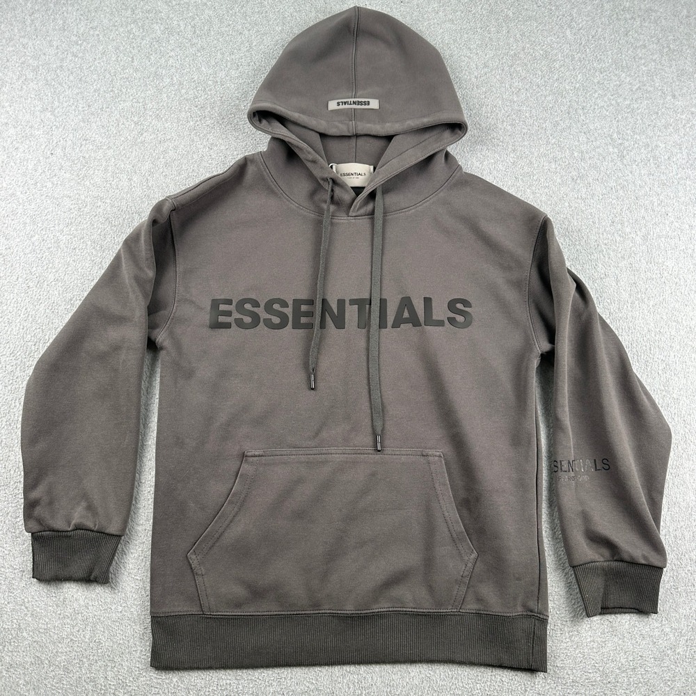 Fear of God Essentials Hoodie Mens M Pullover Charcoal Grey Silicone Logo 3D